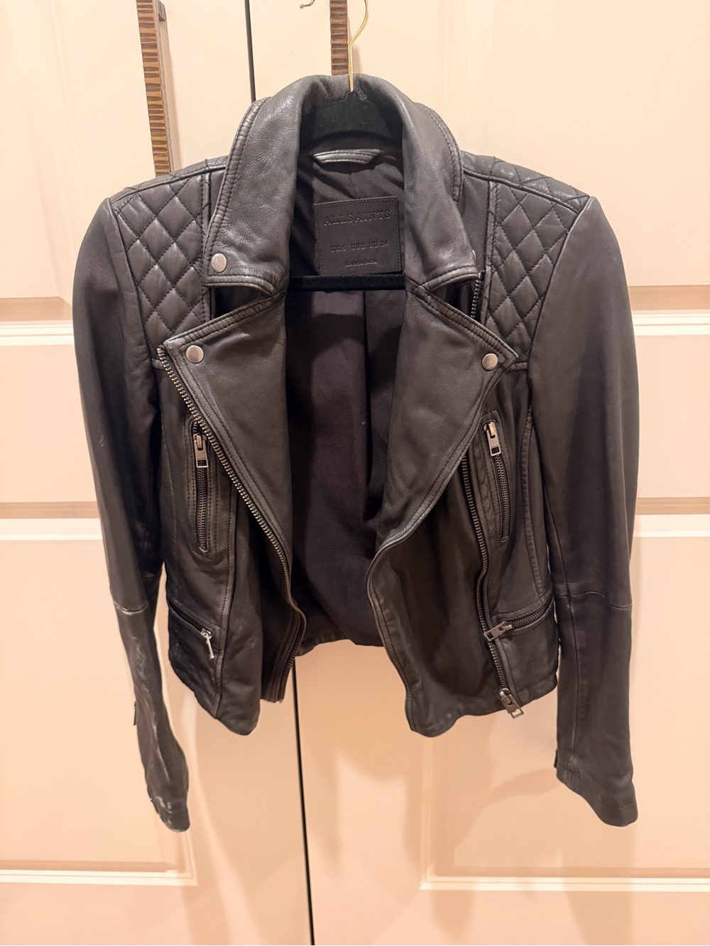 AllSaints Black Quilted-Shoulder Leather Biker Jacket